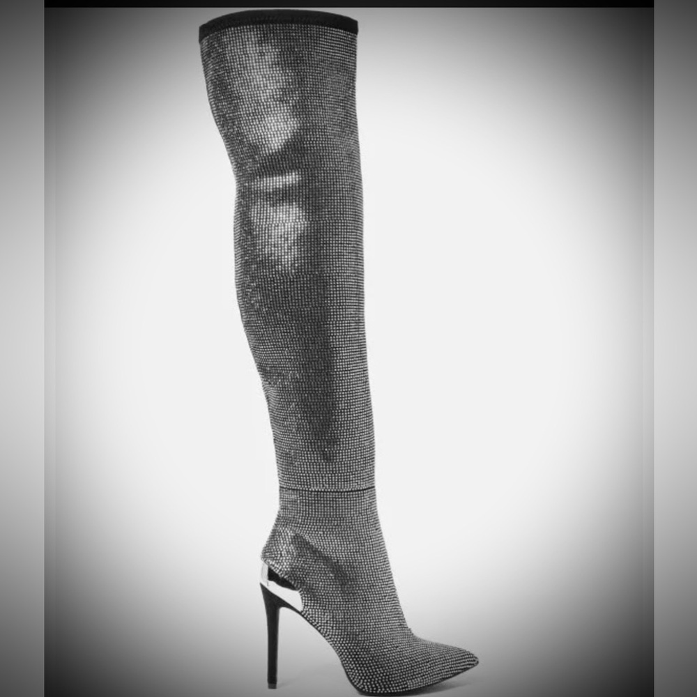 Bebe DOROTEA Rhinestone Over The Knee Boot Silver/Black Size 7.5